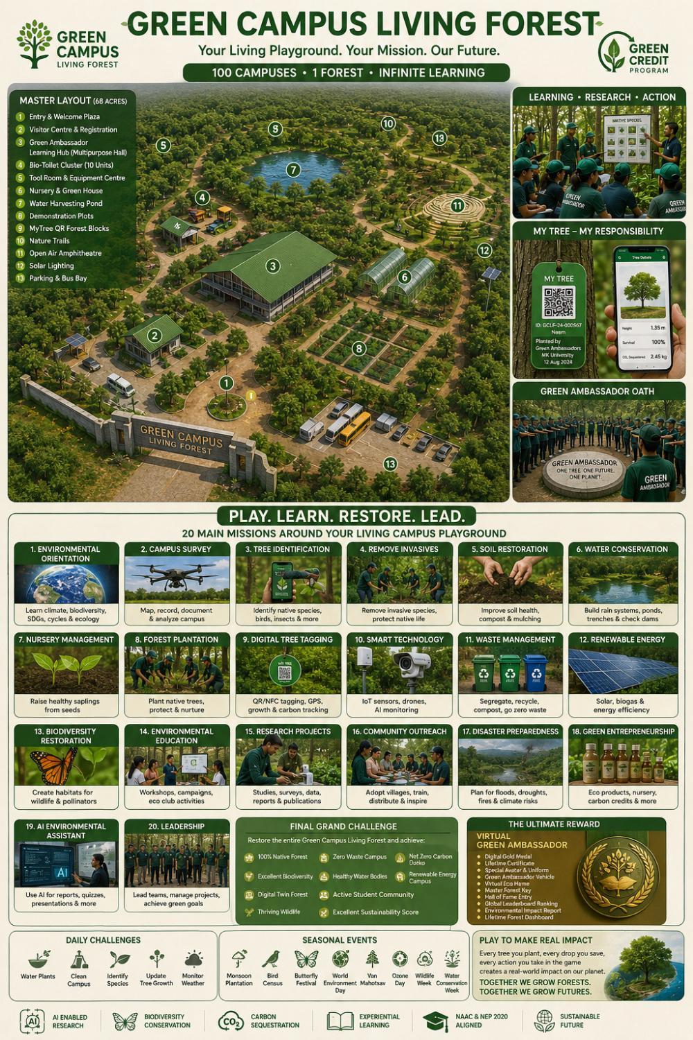 Green Campus Living Forest - Official Poster showing Master Layout, 20 Missions, Green Ambassador Oath and Impact Framework